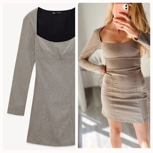 Plaid Brown Tailored Dress ZARA Square Neckline